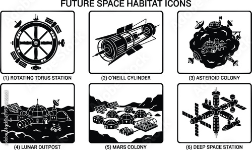 Black and white flat design future space habitat icons including rotating torus station and mars colony