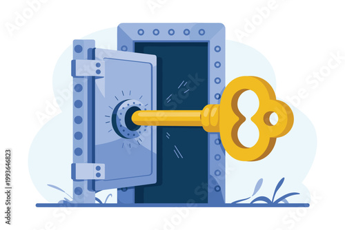 Golden Key Unlocking Safe Illustration Vector Security Concept