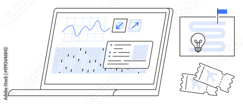 Data analytics concept. Data analytics illustrated with charts, graphs, and workflow processes on a laptop. Data analytics applied in business strategy, productivity, education, technology