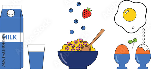 Healthy Breakfast Vector Icons Set Featuring Milk, Cereal, Fruits, Eggs, and Nutritional Morning Meals