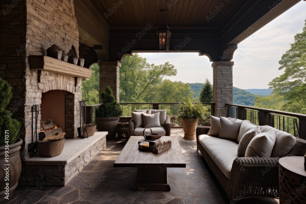 Naklejka premium Elegant outdoor living room featuring comfortable furniture, stone fireplace, and lush green landscape