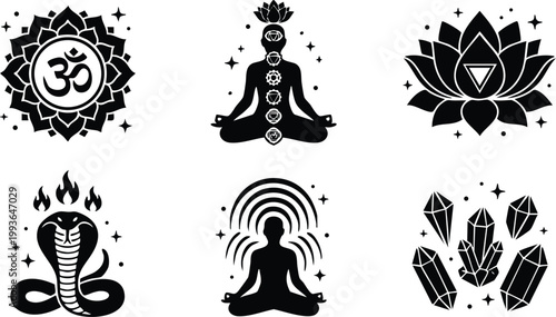 Black and white chakra meditation lotus snake and crystal spiritual icons set