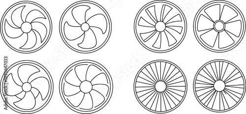 Fan blade icons set as black and white vector illustration for industrial ventilation and cooling systems design
