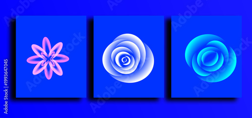 Abstract Gradient Geometric Shapes Set — Glowing Flower, Spiral Swirl on blue Background