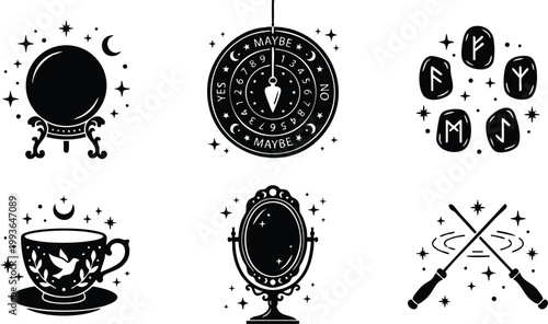 Black and white mystical crystal ball pendulum runes tea cup mirror and magic wands vector art