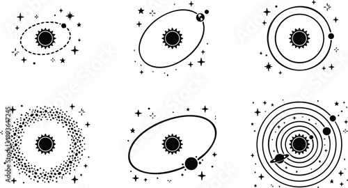 Black and white solar system planets orbiting sun vector line art