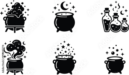 Black and white witch cauldron and potion bottles vector art set with stars and moon