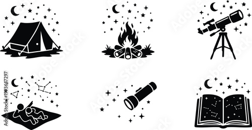 Black and white night camping icons with tent campfire telescope and star gazing