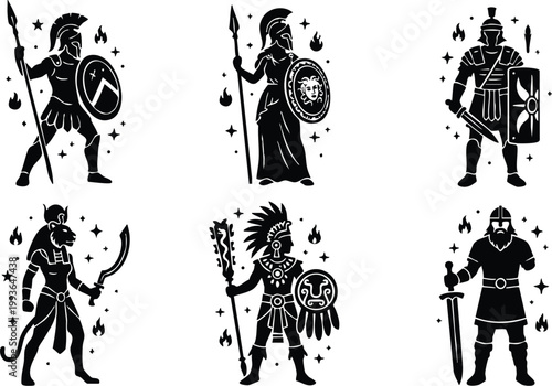 Black and white silhouette warriors with spears swords and shields vector art