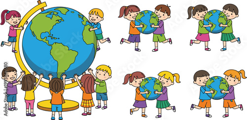 Kids Around Earth Globe Vector Set with Children Holding Planet World Map and Global Friendship Education Illustration Collection