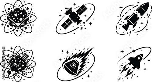 Satellite rocket and meteor icons in space
