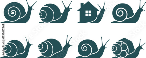 Collection of simple vector graphic illustrations of snails and a snail house for design concepts
