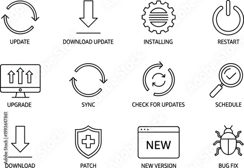 Set of Thin Line Icons for Software Updates and Operations download update installing