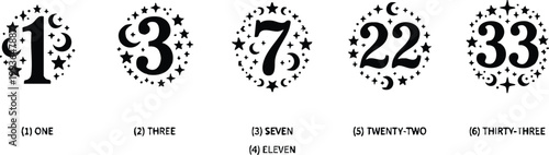 Black and white mystical numbers one three seven twenty two and thirty three surrounded by stars and moons