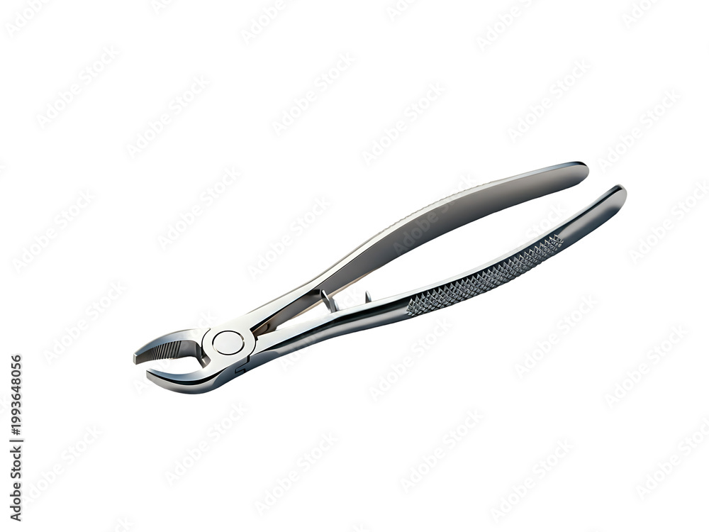 Obraz premium Dental extraction forceps polished steel surgical tool isolated on transparent