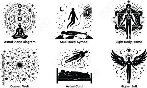 Black and white astral plane diagram with meditating figure and cosmic symbols
