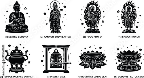 Black and white buddhist statues and temple items vector art with seated buddha kannon bodhisattva fudo myo o and shaka myorai