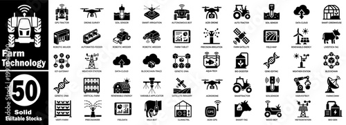 Farm technology icons. 50 elements representing smart agriculture, automation science, industry innovation, and futuristic concepts.