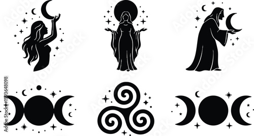 Black and white celestial moon goddess and triple moon symbols vector art