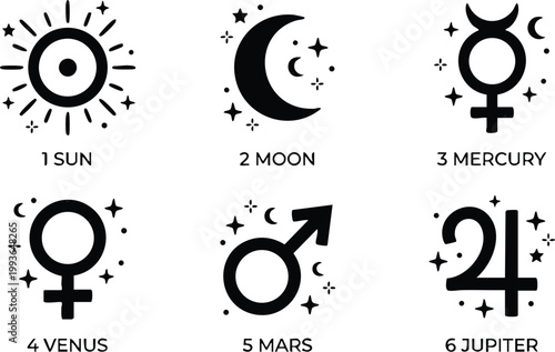 Black and white sun moon mercury venus mars jupiter astrology symbols vector art