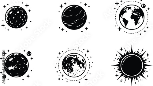Solar system planets and sun with stars