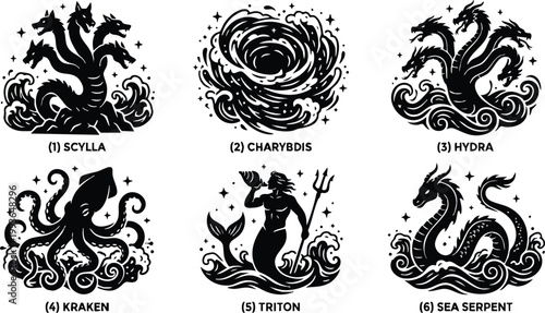 Mythological sea monsters kraken triton hydra and scylla