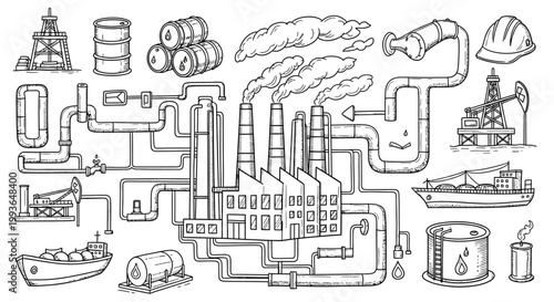 Industrial factory with pipes and smokestacks.