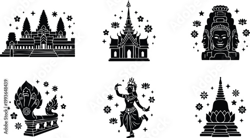 Southeast asian temples buddha head and traditional dancer