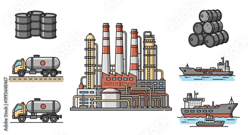 Industrial factory with transport vehicles.