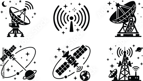 Black and white satellite and radio tower icons with space elements