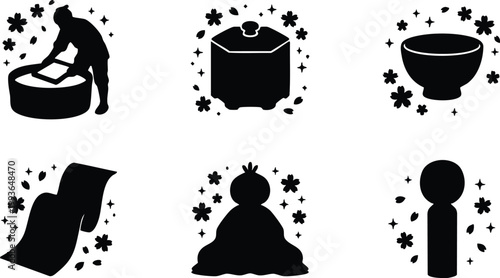 Black silhouette icons of traditional japanese mochi making and festive items