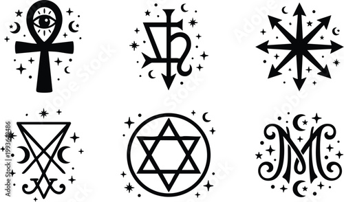Black and white occult and mystical symbols with stars and crescent moons vector art