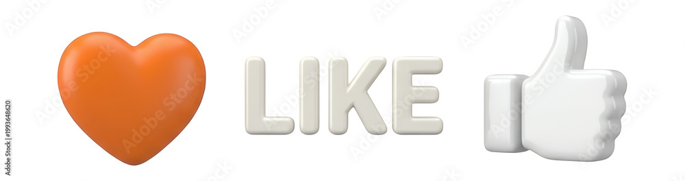 Fototapeta premium 3D like heart and thumbs up icons with central text on white background for social media marketing