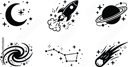 Black and white space icons moon rocket planet galaxy constellation comet