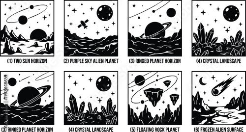 Black and white floating rock planet with ringed planets and crystal landscape vector art