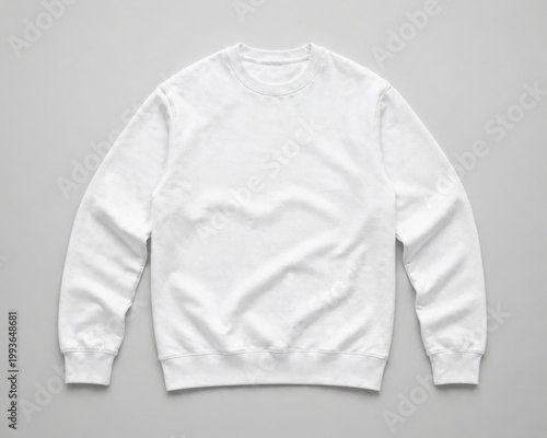 Plain white sweatshirt with crew neck on a light gray background.