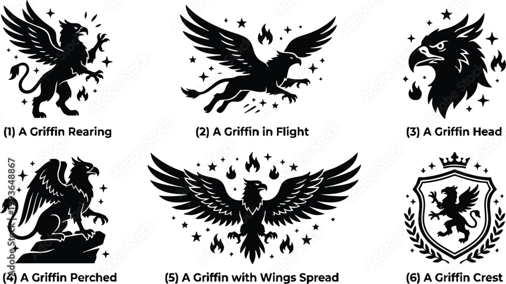 Fototapeta premium Black silhouette griffin set with rearing flight perched head wings spread and crest shield