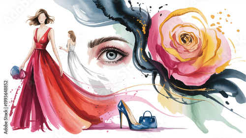 Fashion illustration with woman in red dress and rose on white background