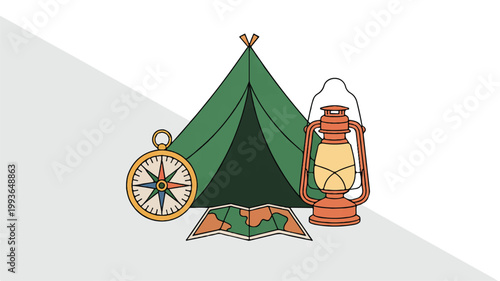 Camping gear with tent lantern compass and map outdoors