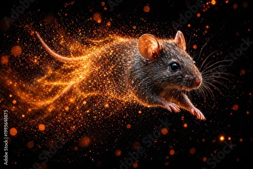 Rat with glowing orange energy trail running in darkness with sparks.