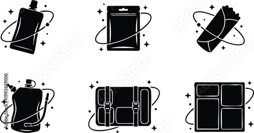 Black and white flat design vector art of camping and hiking gear icons with stars and orbit