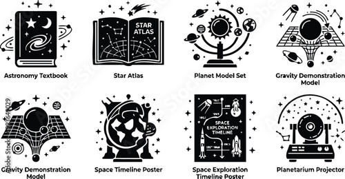 Black and white space timeline and gravity demonstration model vector set