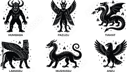 Black and white flat design mythical ancient mesopotamian creatures set with humbaba pazuzu tiamat lamassu mushussu anzu