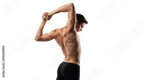 Muscular man stretching arm muscles on white background fitness model