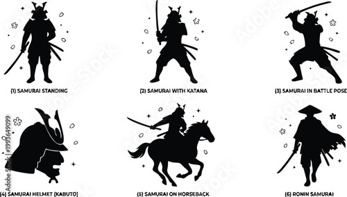Black silhouette samurai in various battle poses with katana and kabuto helmet vector art