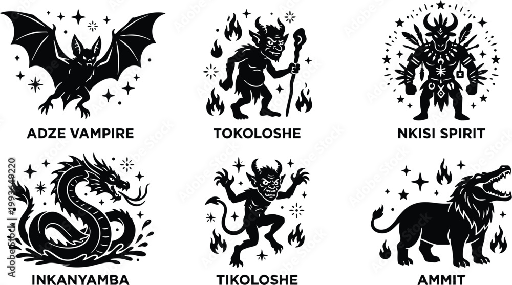 Fototapeta premium Black silhouette afro horror spirits set with adze vampire tokoloshe nkisi spirit inkanyamba tikoloshe and ammit
