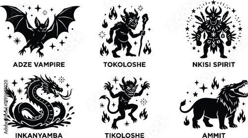 Black silhouette afro horror spirits set with adze vampire tokoloshe nkisi spirit inkanyamba tikoloshe and ammit