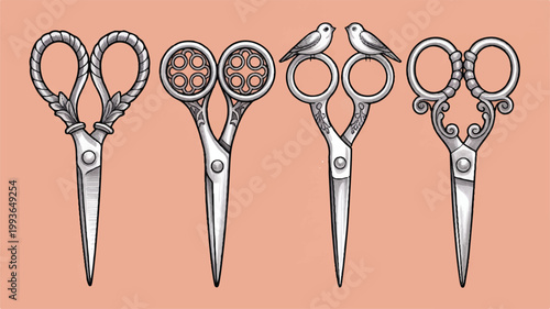 Four pairs of ornate metal scissors with decorative handles and blades on peach background