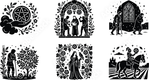 Black and white pentacle tarot card set with medieval figures and symbolic elements
