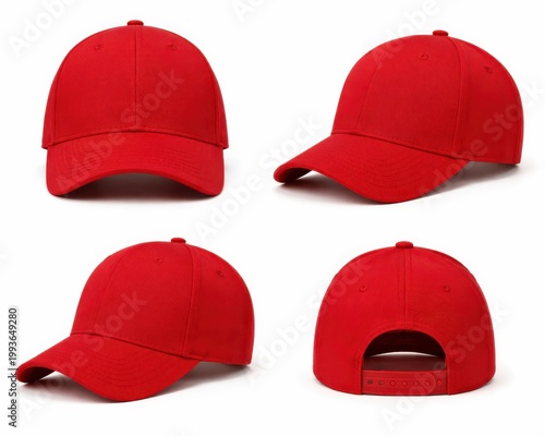 Red blank baseball cap set showing front side back and three quarter views for mockup design.